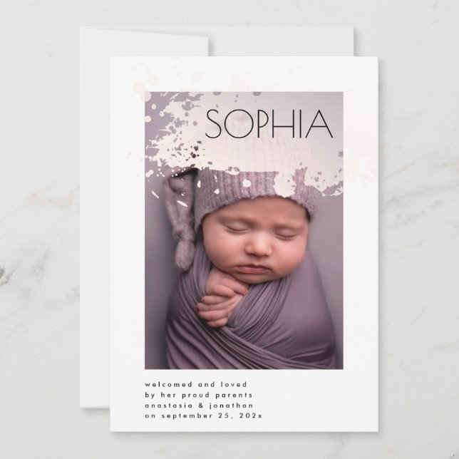 Blush Splash Title Minimalist Newborn Photo Announcement (Front)