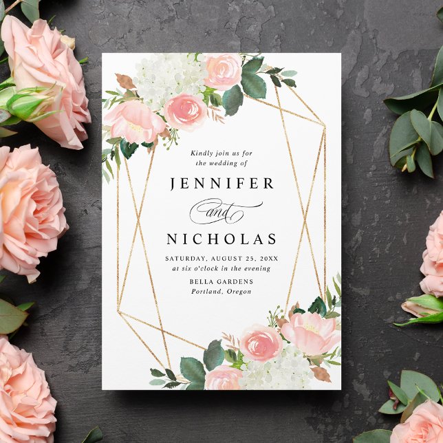 Blush Spring Floral Gold Frame Wedding Invitation (Creator Uploaded)