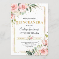 Blush spring pink floral gold glitter quinceanera
