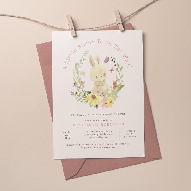 Blush Spring Wreath Little Bunny Girl Baby Shower Invitation (Creator Uploaded)