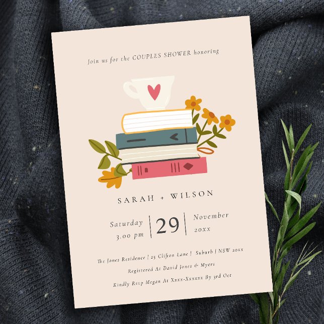 Blush Stacked Books Floral Couples Shower Invite (Creator Uploaded)
