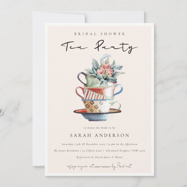 Blush Stacked Cups Bridal Shower Tea Party Invite (Front)