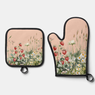 Blush Strawberries Daisy Flowers Oven Mitt & Pot Holder Set