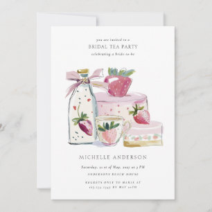Blush Strawberry Tea Party QR Code Bridal Shower Invitation