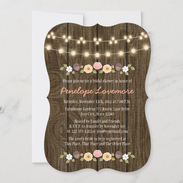 Blush String of Lights Fall Rustic Bridal Shower Invitation (Front)