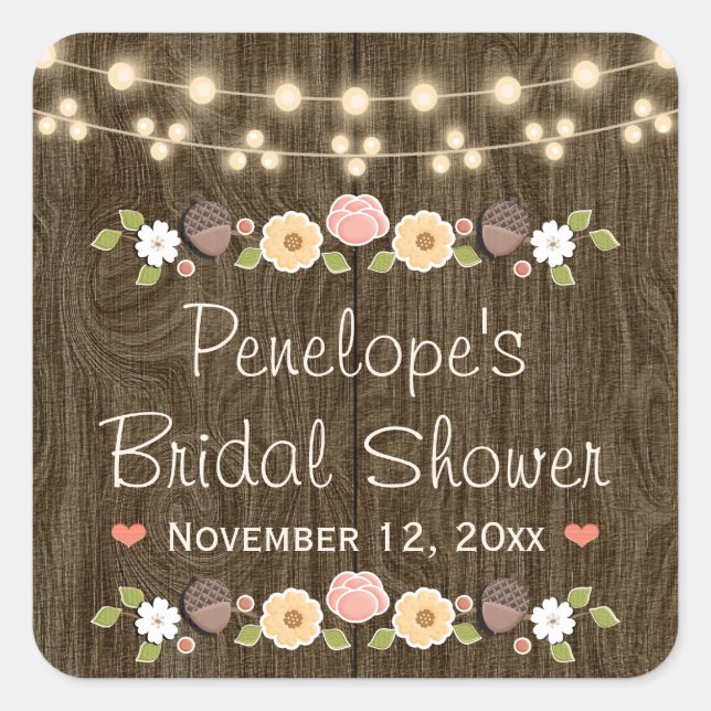 Blush String of Lights Rustic Fall Bridal Shower Square Sticker (Front)
