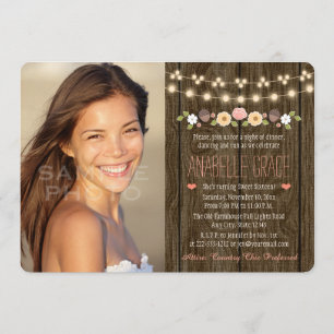 Blush String of Lights Rustic Sweet Sixteen Invitation