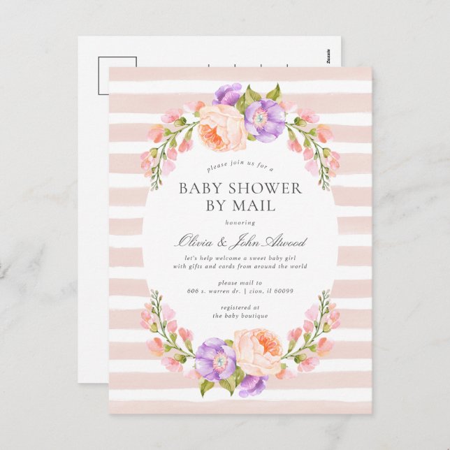 Blush Stripe and Bloom Baby Shower Invitation (Front/Back)