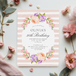 Blush Stripe and Bloom Birthday Brunch Party Invitation<br><div class="desc">Affordable custom printed 30th birthday brunch invitations personalised with your event details. This pretty botanical design features a watercolor frame of peach and lavender flowers on a blush striped background. Use the design tools to customise the text, edit the fonts and colours or add your own photos to create an...</div>