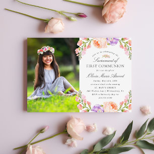 Blush Stripe and Bloom Photo First Communion Invitation