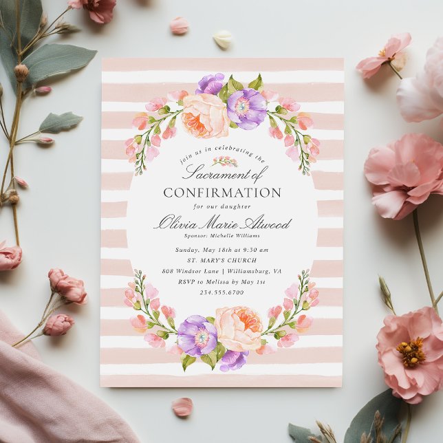 Blush Stripe and Bloom Sacrament of Confirmation Invitation (Creator Uploaded)