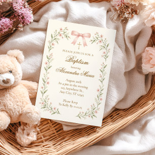 Blush Striped Bow Floral Baptism Invitation