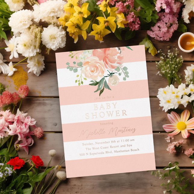 Blush Striped Floral Baby Shower Rose Gold (Creator Uploaded)