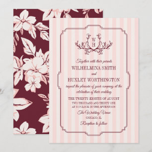 Blush Stripes Burgundy Greenery Monogram Wedding Invitation