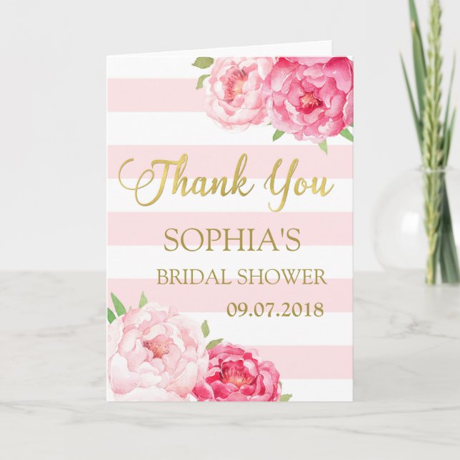 Blush Stripes Pink Floral Bridal Shower Thank You (Front)