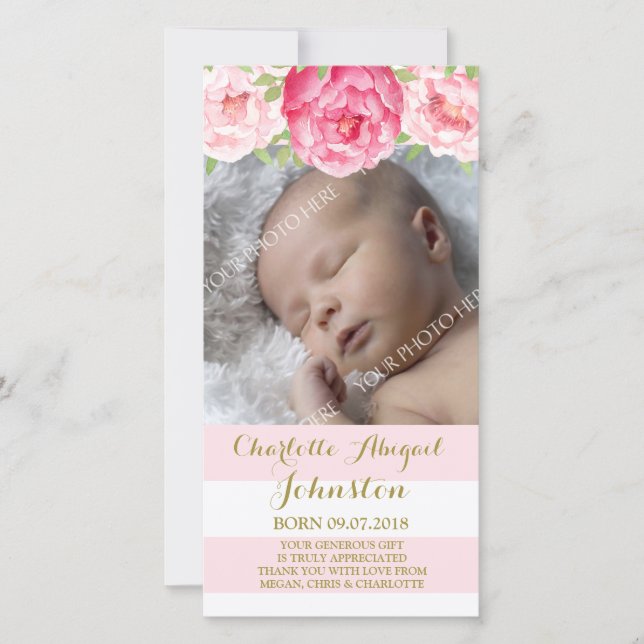 Blush Stripes Pink Flowers Thank You Baby Shower (Front)