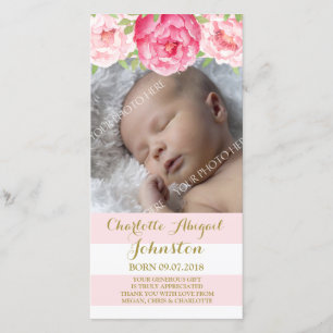 Blush Stripes Pink Flowers Thank You Baby Shower Card