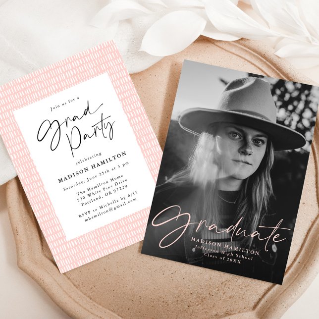 Blush Stylish Script Photo Graduation Party Invitation (Creator Uploaded)