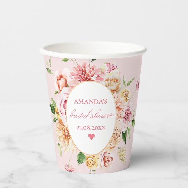 Blush Summer Floral Romantic Bridal Shower Paper C Paper Cups (Front)