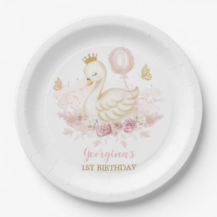 Blush Swan Princess with Balloon & Butterflies Paper Plate