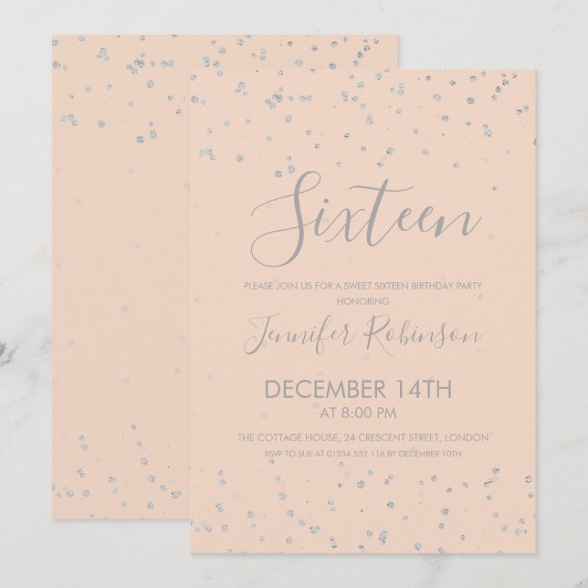 Blush Sweet 16 Birthday Party Silver Foil Dots Invitation (Front/Back)