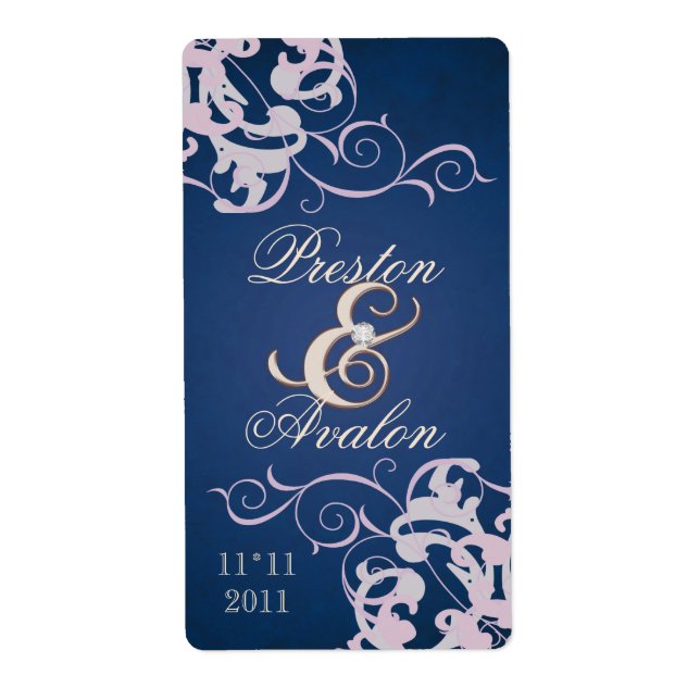 Blush Swirl Rose Gold Jewelled Blue Wine Label (Front)