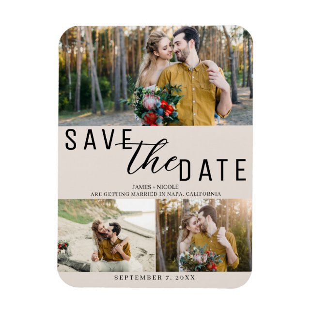 Blush Tan Save the Date Wedding 3 Photos Magnet (Vertical)