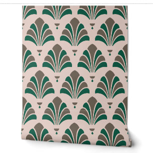 Blush, Taupe and Emerald Art Deco Palmette Fan Wallpaper