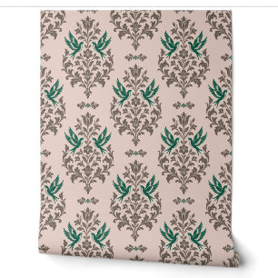 Blush, Taupe and Emerald Victorian Bird Damask Wallpaper