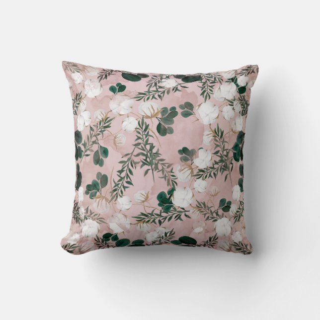 Blush Taupe Cotton Floral Greenery Rustic Shabby Cushion (Front)