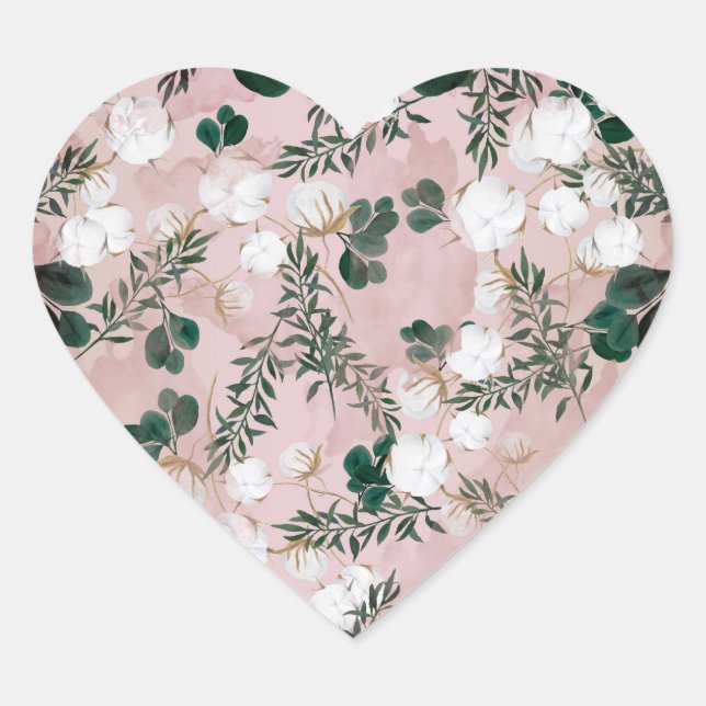 Blush Taupe Cotton Floral Greenery Rustic Wedding Heart Sticker (Front)