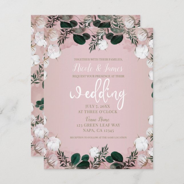 Blush Taupe Cotton Floral Greenery Rustic Wedding Invitation (Front/Back)