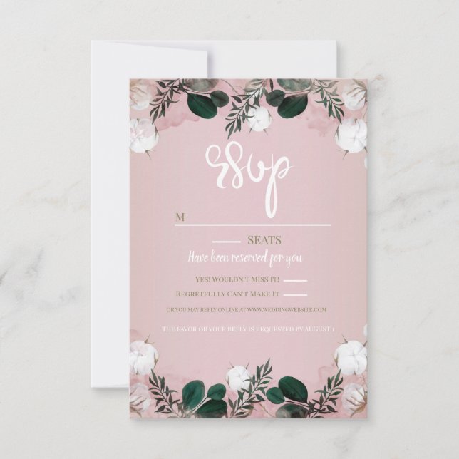 Blush Taupe Cotton Floral Greenery Rustic Wedding RSVP Card (Front)