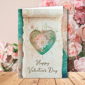 Blush Teal Baroque Sacred Heart Happy Valentines  Card