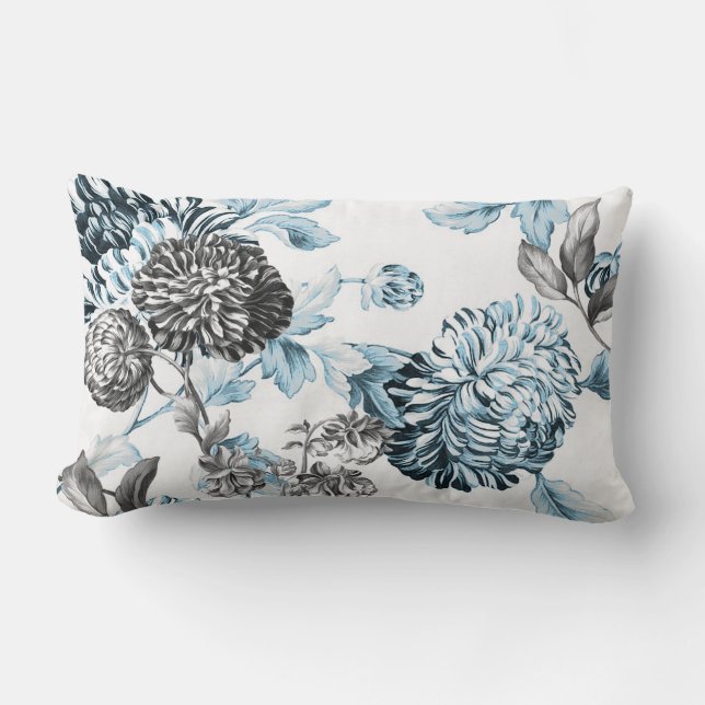 Blush Teal Black & White Botanical Floral toile Lumbar Cushion (Front)
