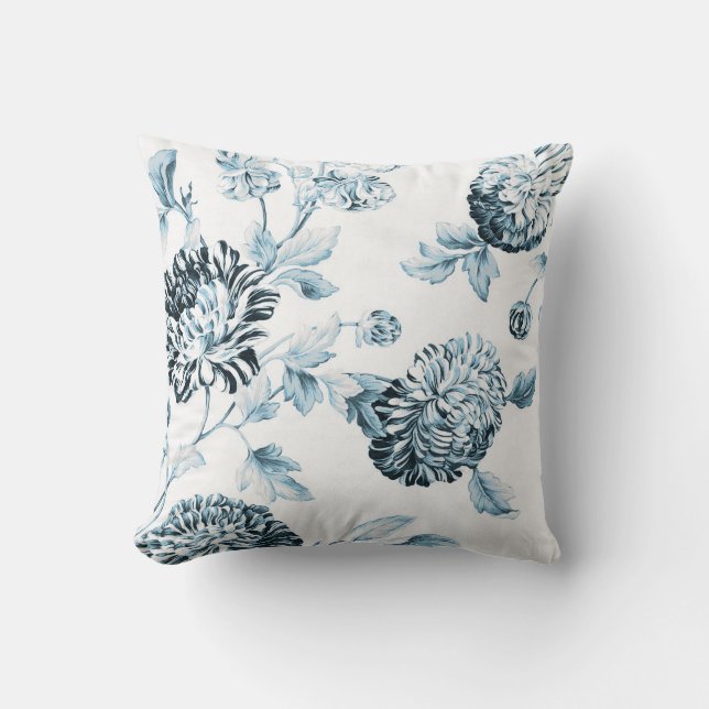 Blush Teal Blue Botanical Floral Toile No.2 Cushion (Front)