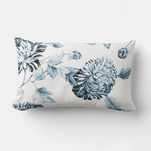Blush Teal Blue Botanical Floral Toile No.2 Lumbar Cushion (Front)