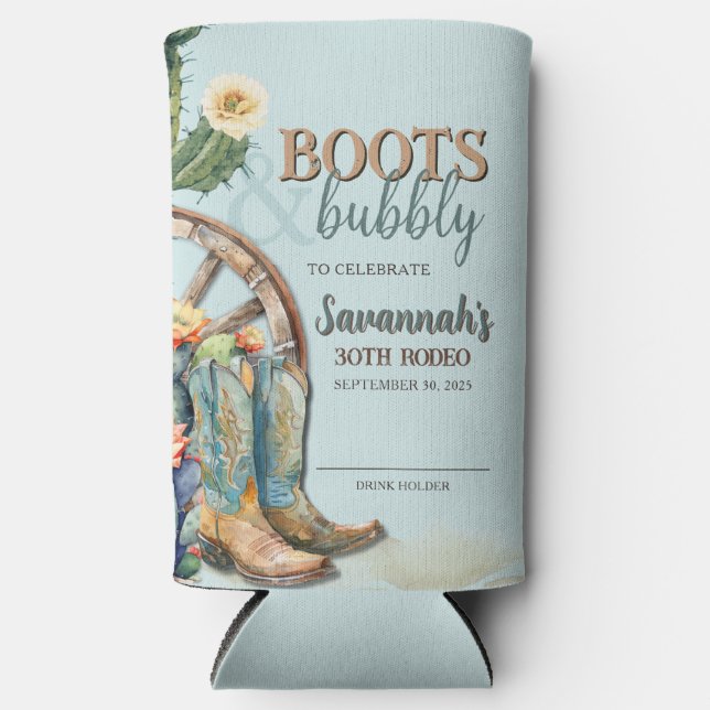 Blush Teal Boots and Bubbly Cowgirl Rodeo Birthday Seltzer Can Cooler (Front)