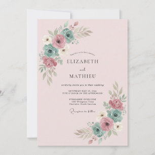 Blush Teal Dainty Floral Wedding Invitation