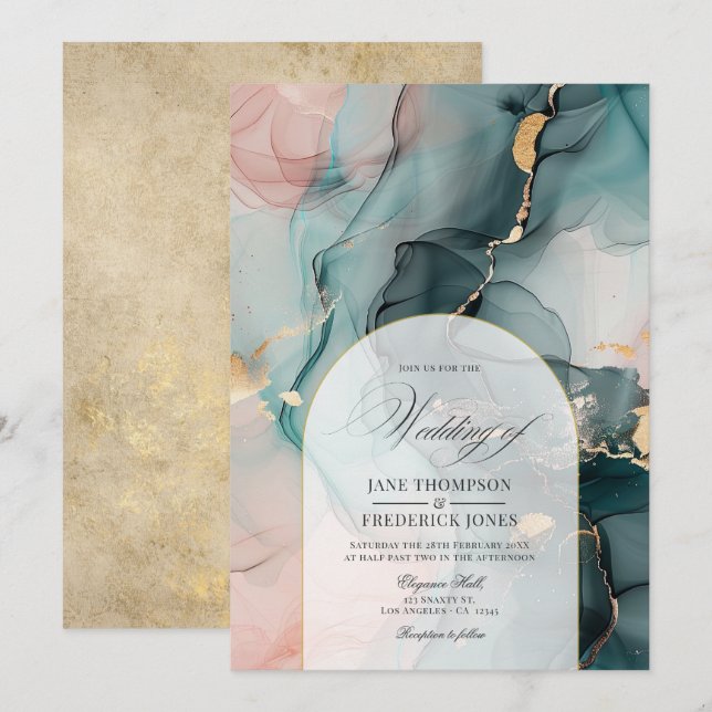 Blush & Teal Ink Swirls and Faux Gold Foil Wedding Invitation (Front/Back)