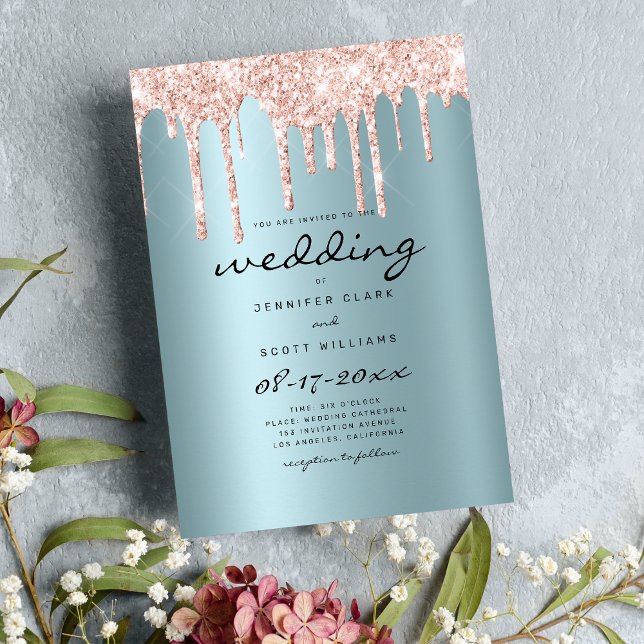 Blush teal rose gold glitter drips script wedding invitation (Blush teal rose gold glitter drips script wedding)