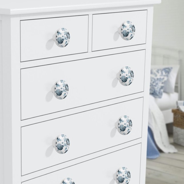 Blush Teal & White Botanical Floral Toile No.2 Ceramic Knob (Creator Uploaded)