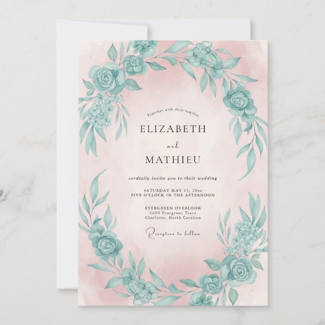 Blush Teal Wreath Wedding Invitation (Front)