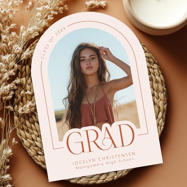 Blush Terracotta Modern Graduation Announcement (Mockup of 5" x 7" Announcement with Arch Corner Style)