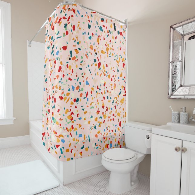 Blush Terrazzo | Pink Eclectic Speckles | Abstract Shower Curtain (In Situ)