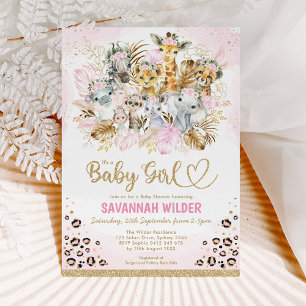 Blush Tropical Boho Safari Animals Baby Shower Inv Invitation