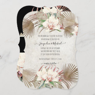 Blush Tropical Orchid Floral Palm Foliage Black Invitation