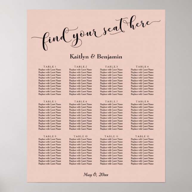 Blush, Typography Wedding Reception Seating Chart (Front)