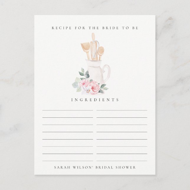 Blush Utensil Floral Recipe Request Bridal Shower Postcard (Front)