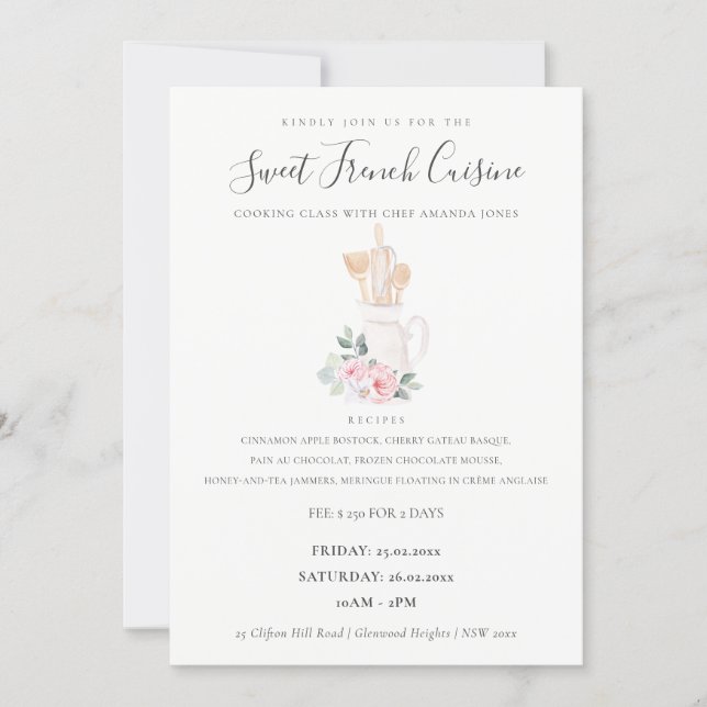 Blush Utensils Floral Bakery Cooking Class Invite (Front)
